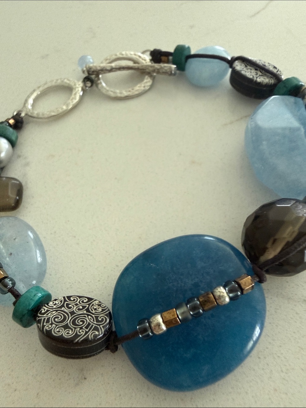 Sterling Silver, Etched Shell, Pearl, Quartz, Magnesite and Glass Bracelet B2240 - Picture 5 of 10